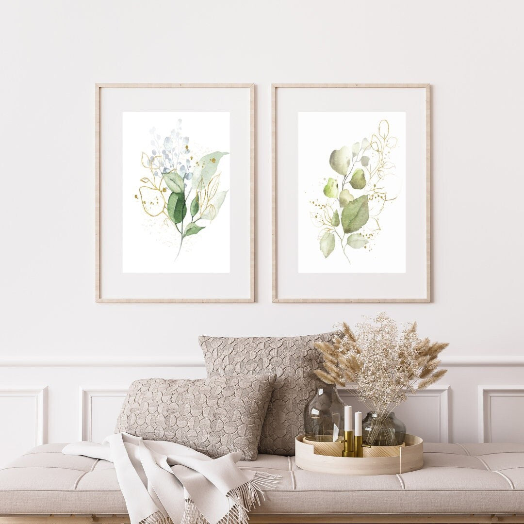 Sage green prints set of 2 DIGITAL PRINT, Green botanical prints, Boho botanical artwork, Sage green wall prints, eucalyptus wall art