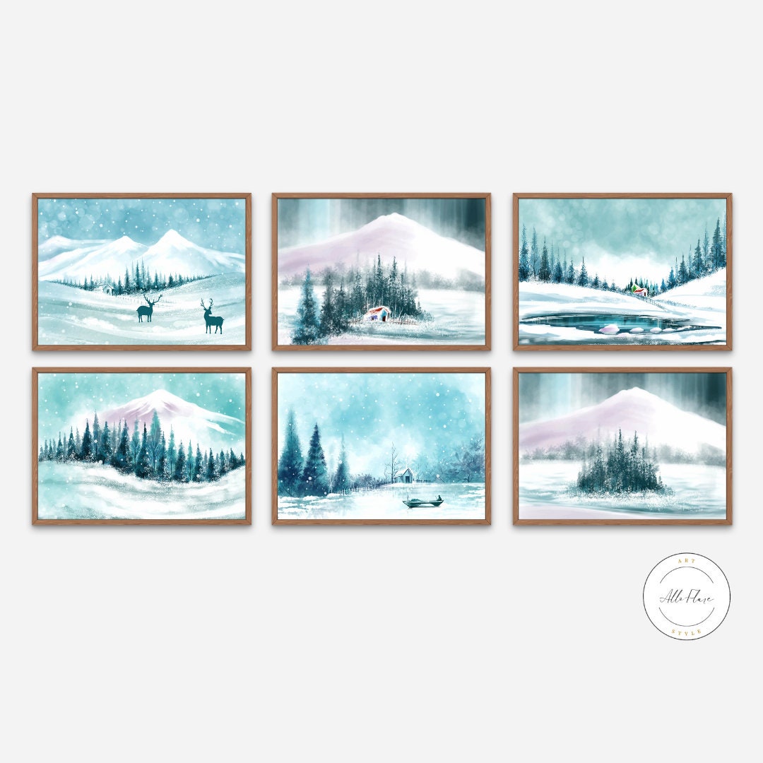 Set of 6 Vintage Winter Landscape DIGITAL PRINTS, Frosty Winter Beauty, Winter, Christmas, Snow, Frame TV Art, Printable wall art Blue, Cozy