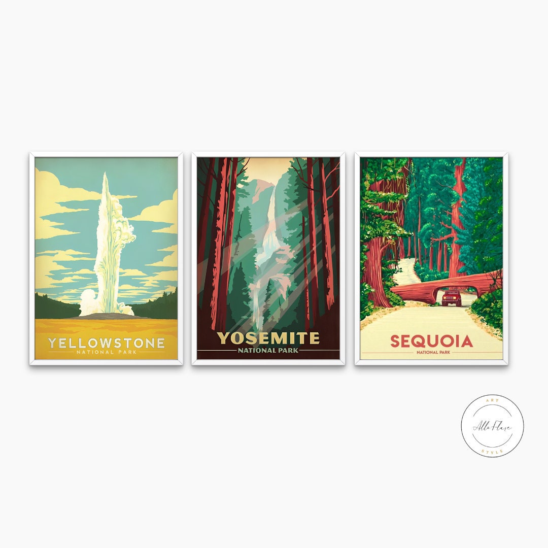 Set of three National Park Posters DIGITAL PRINTS, American National Park Prints, Yosemite Sequoia Yellowstone wall art, vintage wall art,
