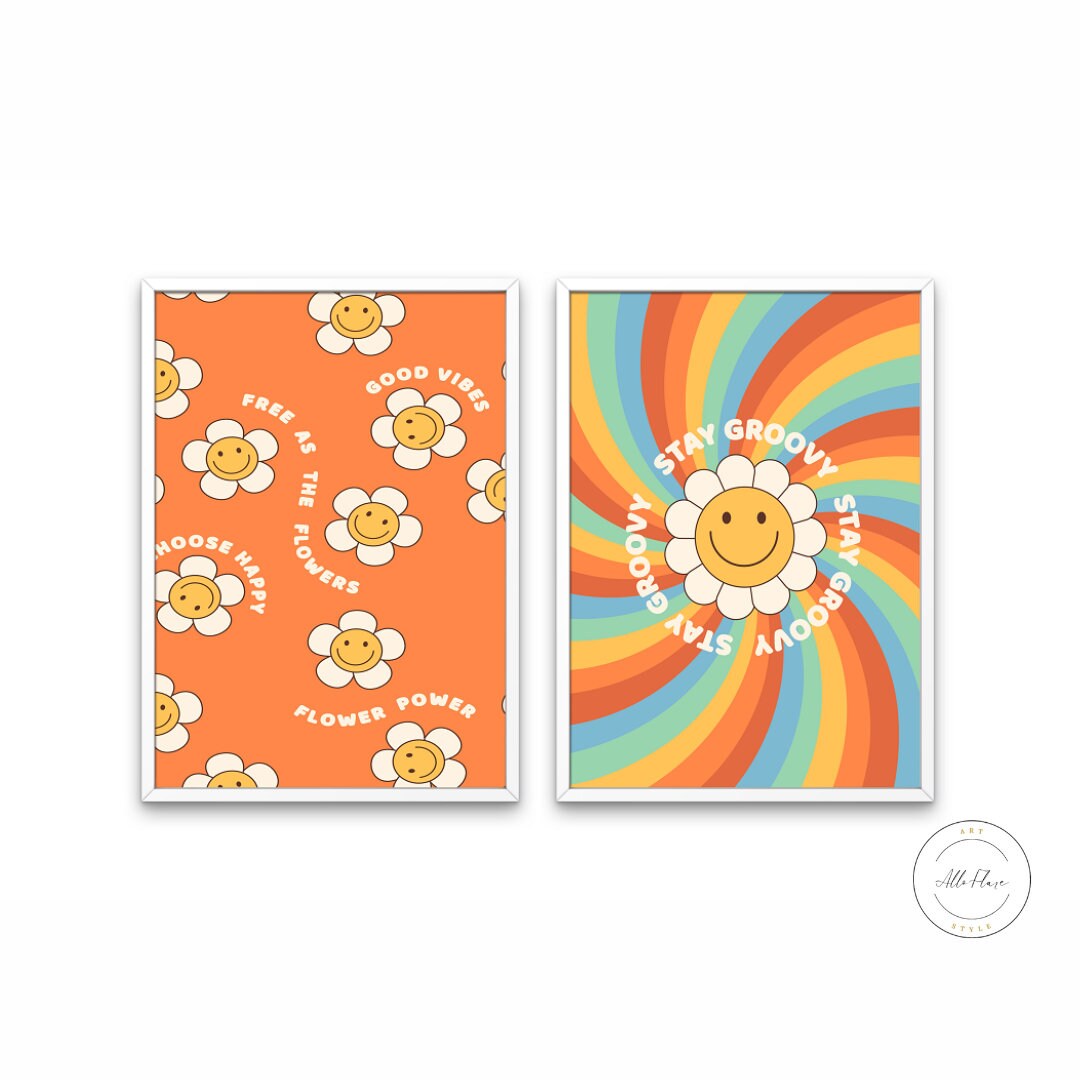 Hippie wall art flower power set of 2 DIGITAL ART PRINTS, Groovy home decor, vibrant wall art, Hippie prints, Good Vibes Choose Happy, Gift idea | Posters, Prints, & Visual Artwork | 70s hippie decor, abstract boho wall art, aesthetic hippie room decor, art for bedroom, art ideas for bedroom walls, art printables, artwork printable, bathroom wall art printables, beach art for wall, beach canvas art, beach wall art, beach wall decor, beachy wall decor, bedroom art, bedroom decor hippie, bedroom hippie decor,