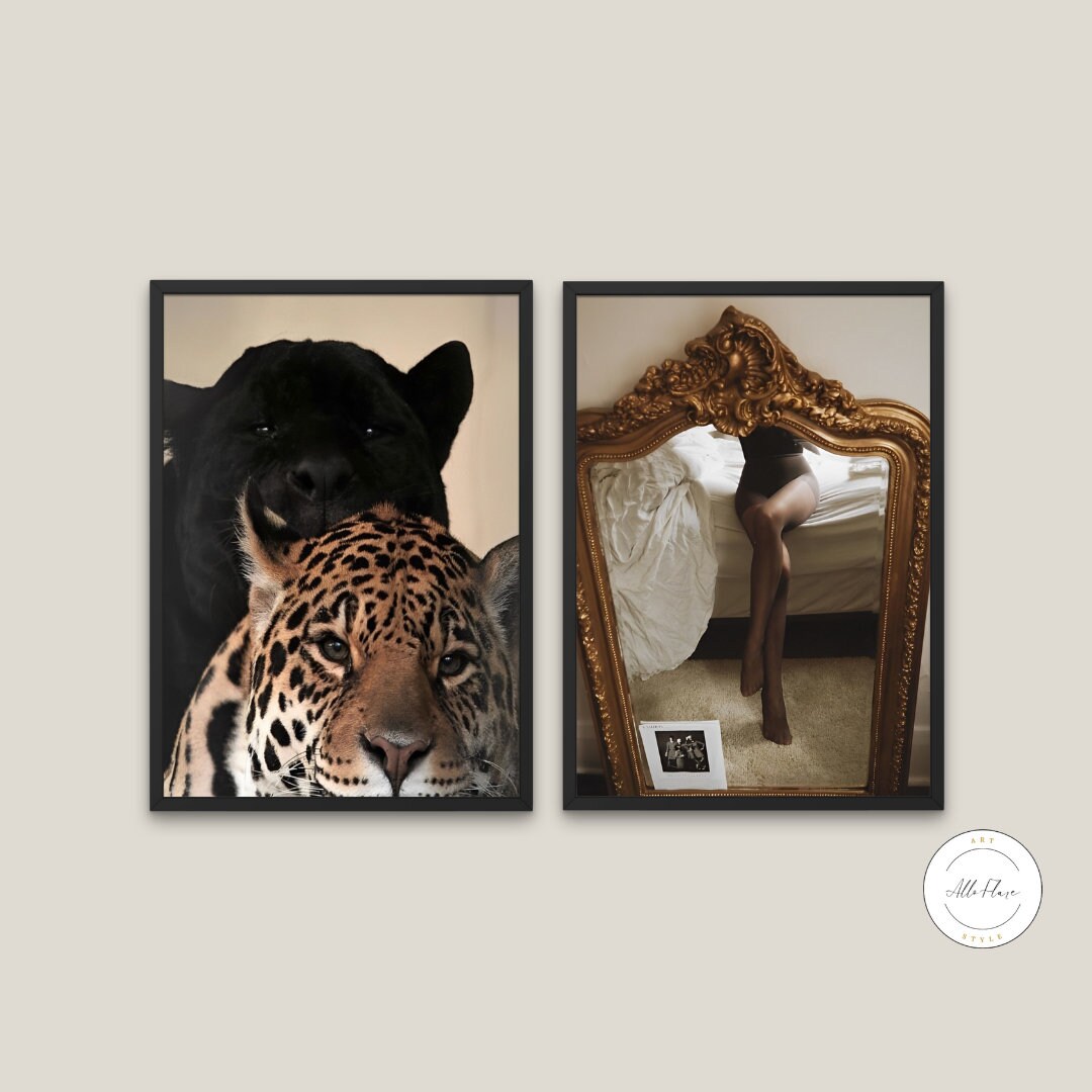 Set of 2 prints fashion posters PRINTABLE, hypebeast poster, fashion gifts for her, glam wall art, leopard print, glam décor, beige wall art