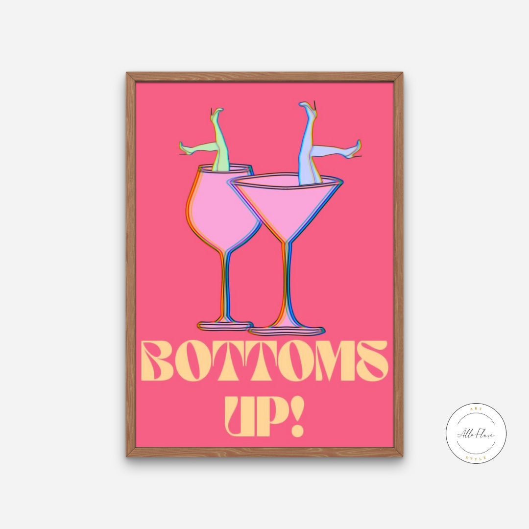 Pink Preppy Room Decor Trendy DIGITAL PRINT, College Dorm Posters, Colorful cocktail poster, Bar Cart Art, Bottoms up, Academia aesthetic