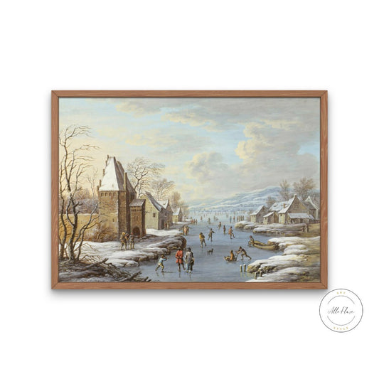 Small Village in Winter Landscape DIGITAL PRINT, Samsung frame TV Art, Winter Scene Wall Art, Antique Christmas Printable Art, Cozy Prints