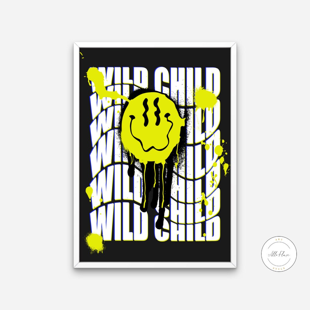 Smiley face poster INSTANT DOWNLOAD, grunge wall décor, wild child, black yellow wall art, y2k decor, dorm room essentials, grunge poster