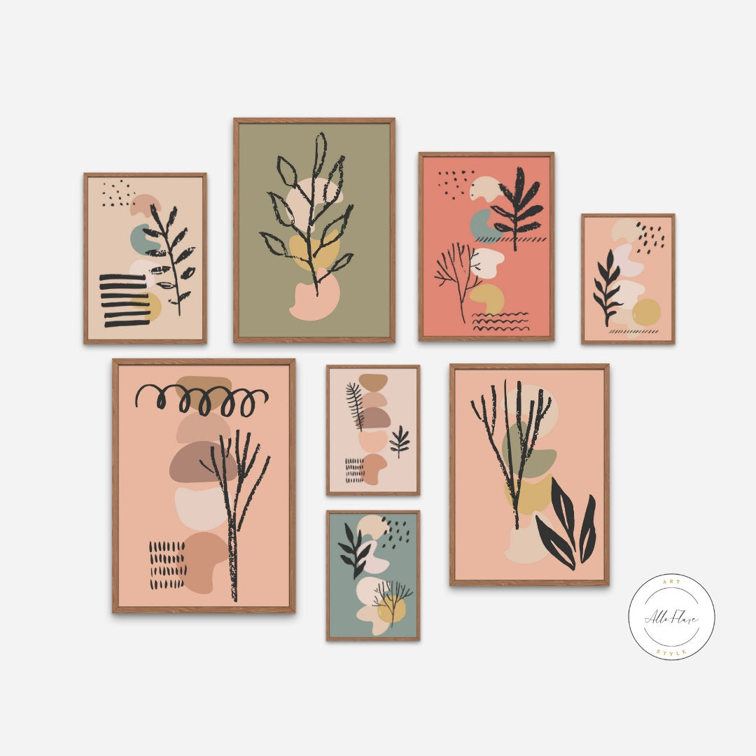Set of 8 pink neutral DIGITAL PRINTS, Hippie room décor, Botanical print, Leaf prints, Abstract trendy, Groovy décor, Neutral wall art set