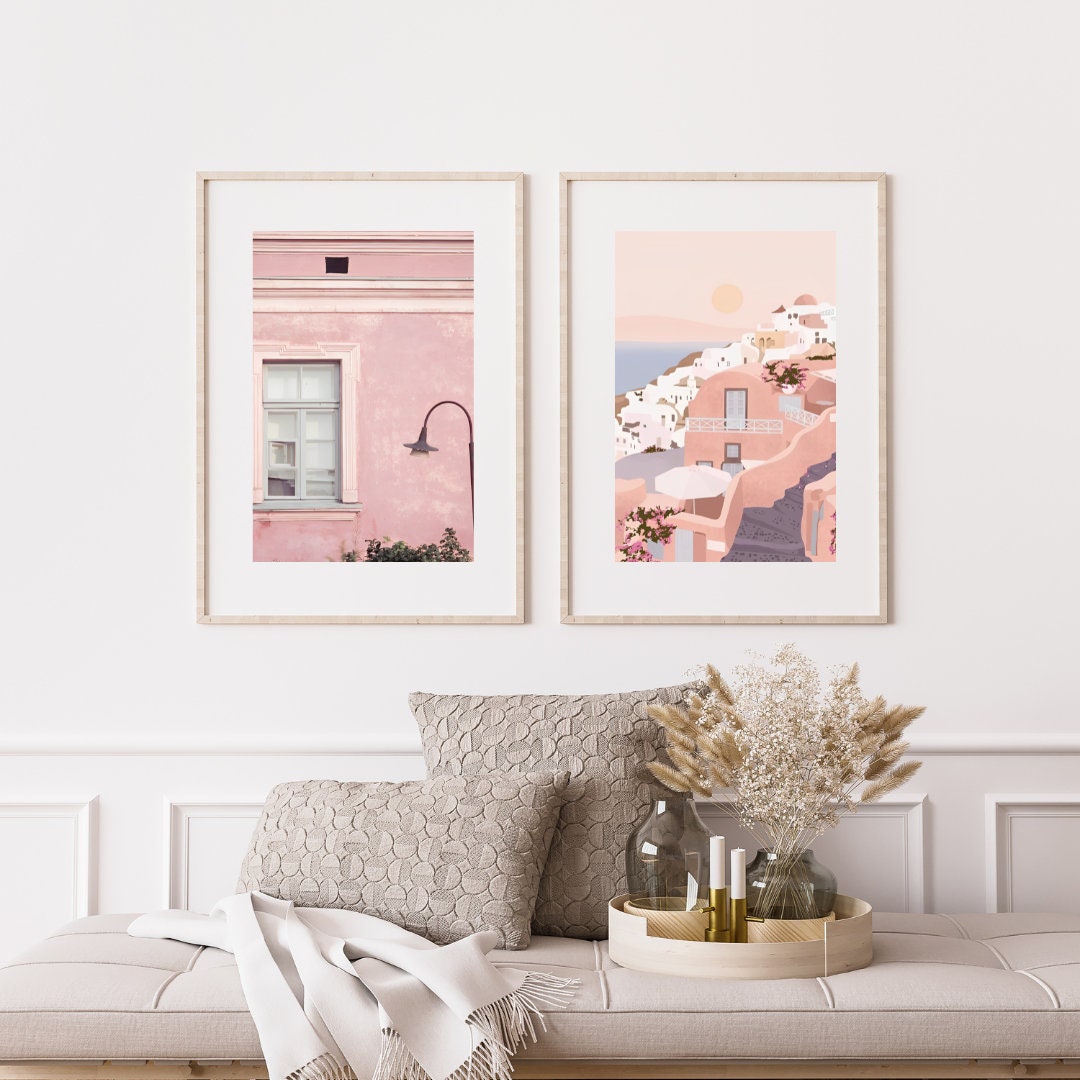 Danish pastel prints set of 3 DIGITAL DOWNLOAD, Coastal Prints Set, Light pink wall art, European coast, pastel pink wall decor, Santorini