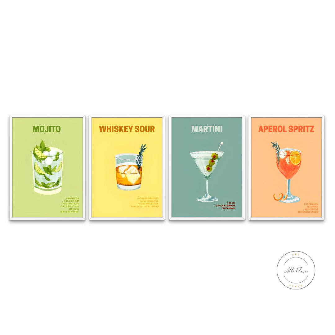 Set of 4 Preppy Colorful Cocktail DIGITAL PRINTS, Bar Cart Room Decor, Colorful Drink Bar Wall Art, Orange Yellow Green Trendy Wall Art