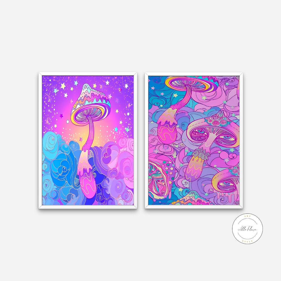 Fantasy mushroom art Set of two DIGITAL PRINTS, Funky House Decor, Abstract Neon Artwork, Mushroom Decor, Trippy art, Purple Street art