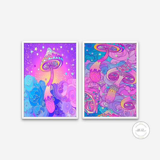 Fantasy mushroom art Set of two DIGITAL PRINTS, Funky House Decor, Abstract Neon Artwork, Mushroom Decor, Trippy art, Purple Street art