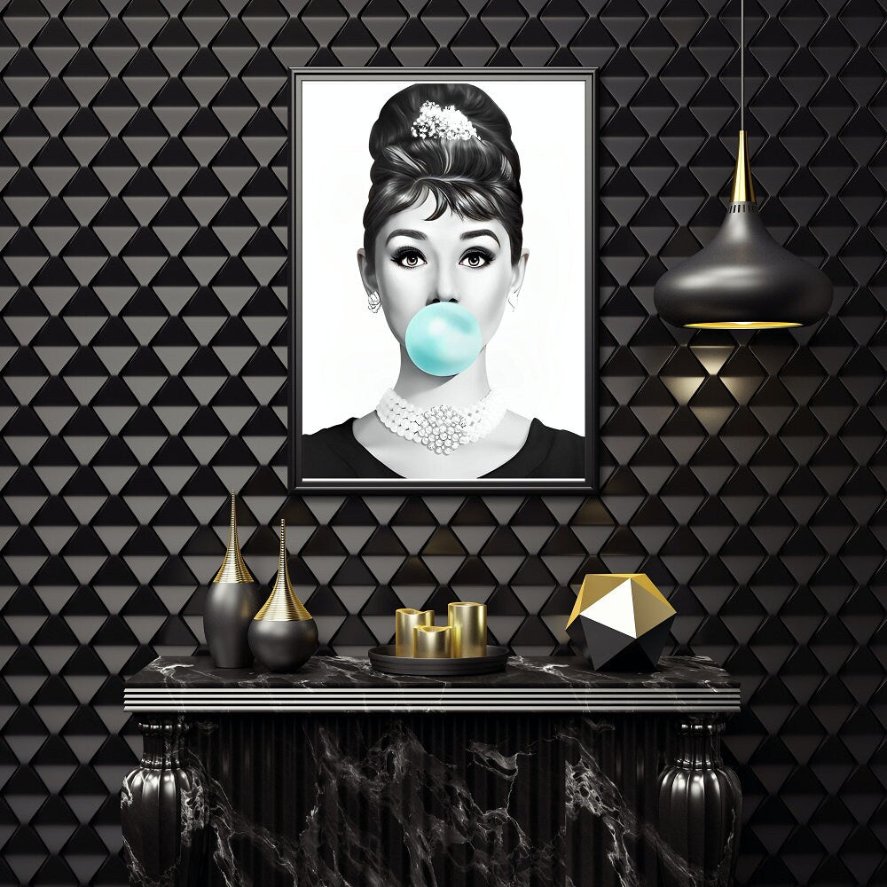 Audrey Hepburn Bubble Gum Print INSTANT DOWNLOAD, Fashion Posters, Black and White Prints, Famous Woman Canvas Print, Pop Art, Glam Decor