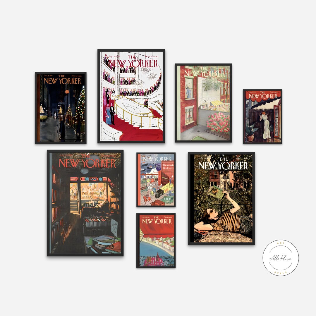 New Yorker cover print Set Of 8 DIGITAL PRINTS, Winter/Spring, Vintage Magazine Art, Retro Posters, Black Red Aesthetic, Magazine Cover Art