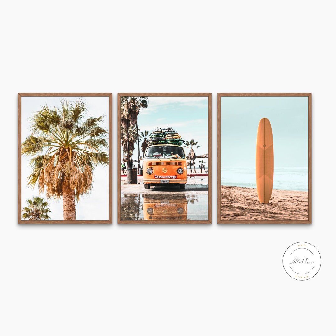 Set of three beach wall art DIGITAL PRINTS, surf van palm print, coastal artwork, beach prints, tropical vibes, surfing poster, burnt orange