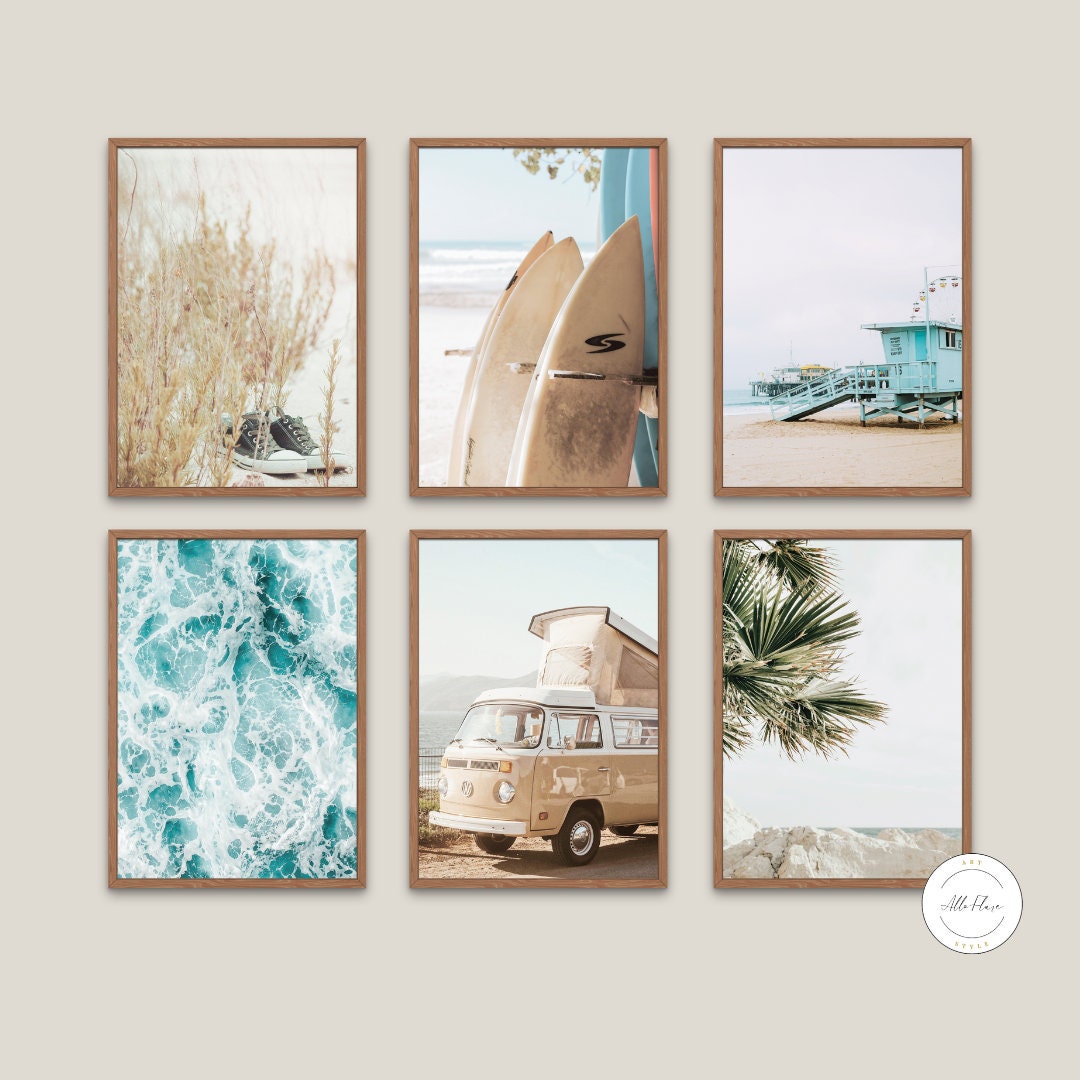 Set of 6 prints neutral coastal DIGITAL PRINTS, Coastal Art, palm print, surfboard print, beach picture, surfer room décor, surf art neutral