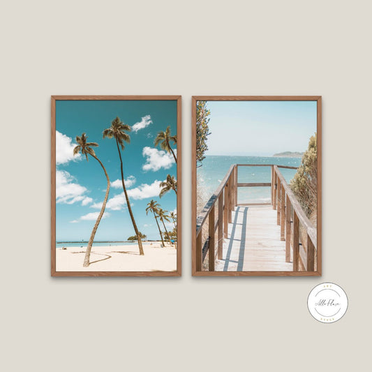 Coastal wall art set of 2 prints INSTANT DOWNLOAD, the ocean is calling, palm print, Coastal artwork, palm tree print, beach picture