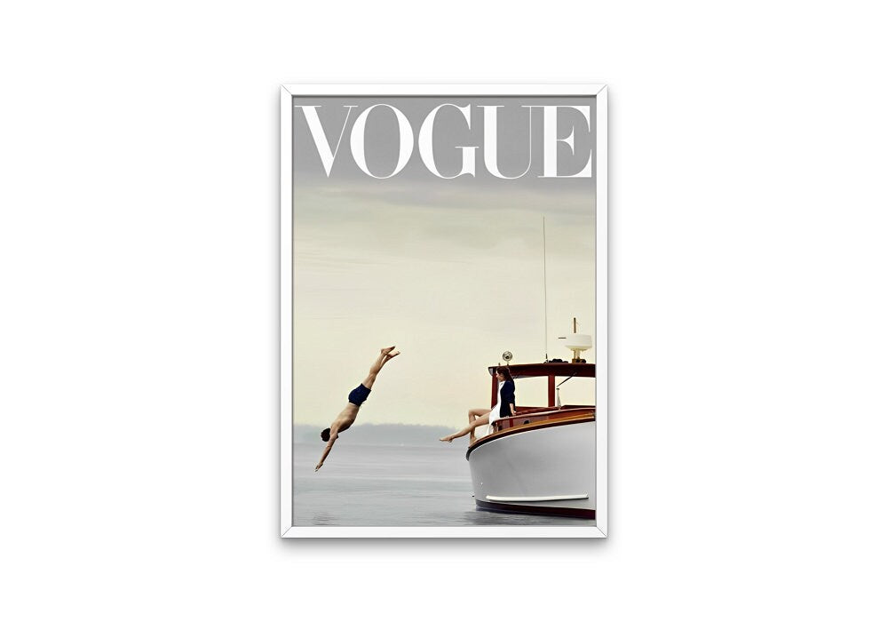 Vogue Poster INSTANT DOWNLOAD, Fashion wall art, Luxury Fashion poster, Editorial print, Man jumping boat, Pastel decor, Fashion Magazine