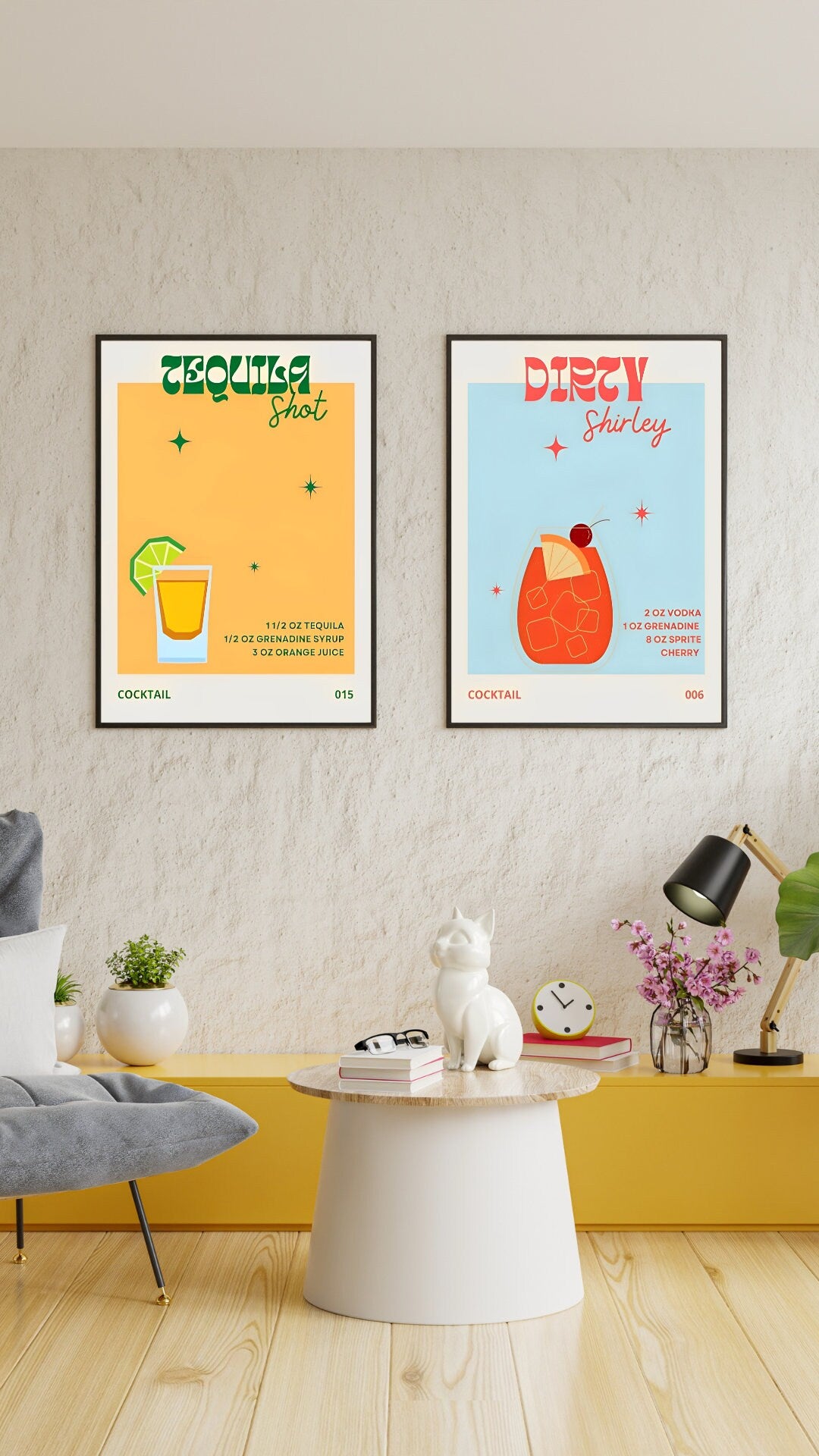 Colorful Cocktail Prints With Recipes Set of 3 INSTANT DOWNLOAD, Tequila Dirty Shirley Moscow Mule, Preppy Room Decor, Trendy Wall Art Retro
