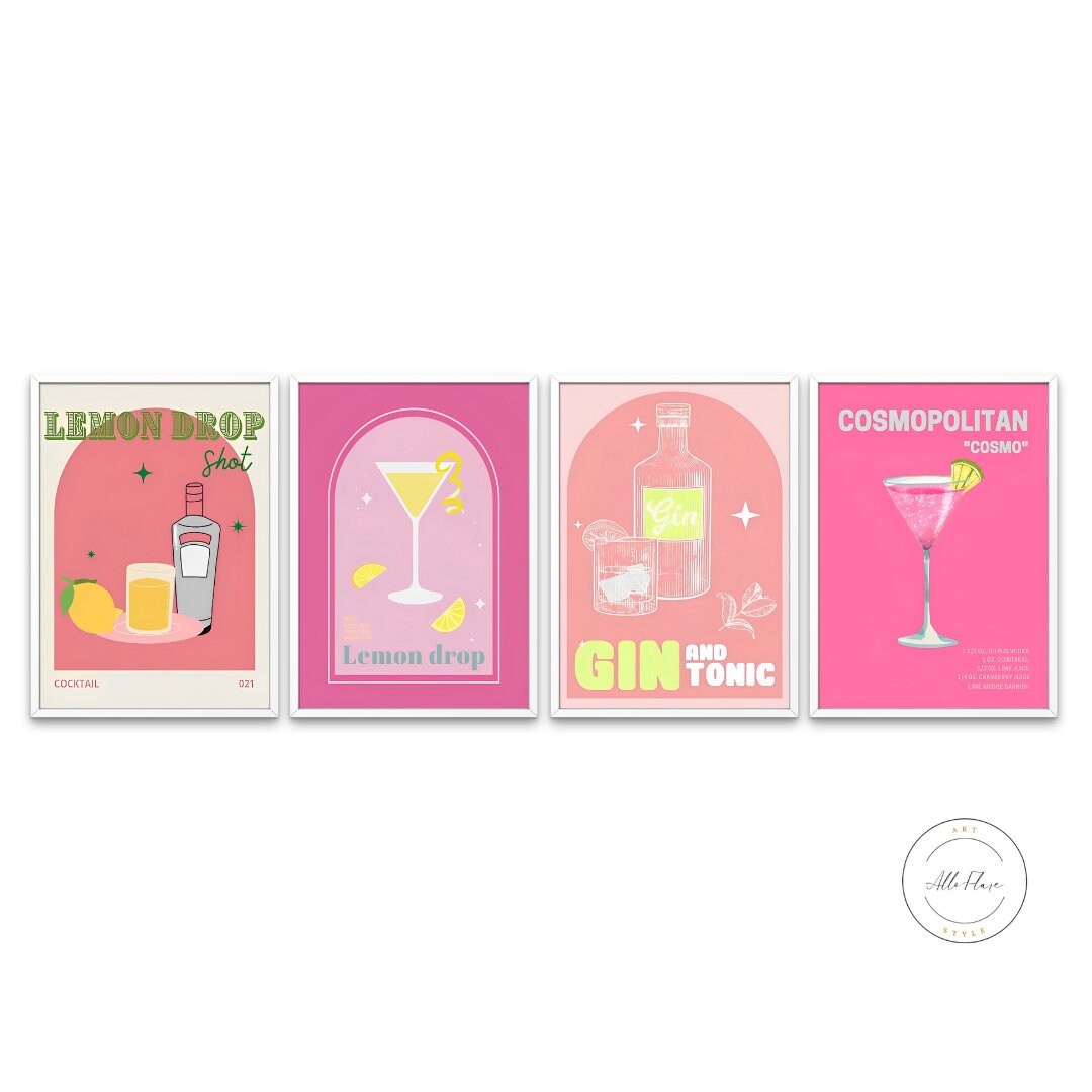 Preppy Aesthetic Gallery Set of 4 Cocktail DIGITAL PRINTS, Bar Cart Room Decor, Colorful Drink Bar Art, Retro Cocktail Posters, Pink Yellow