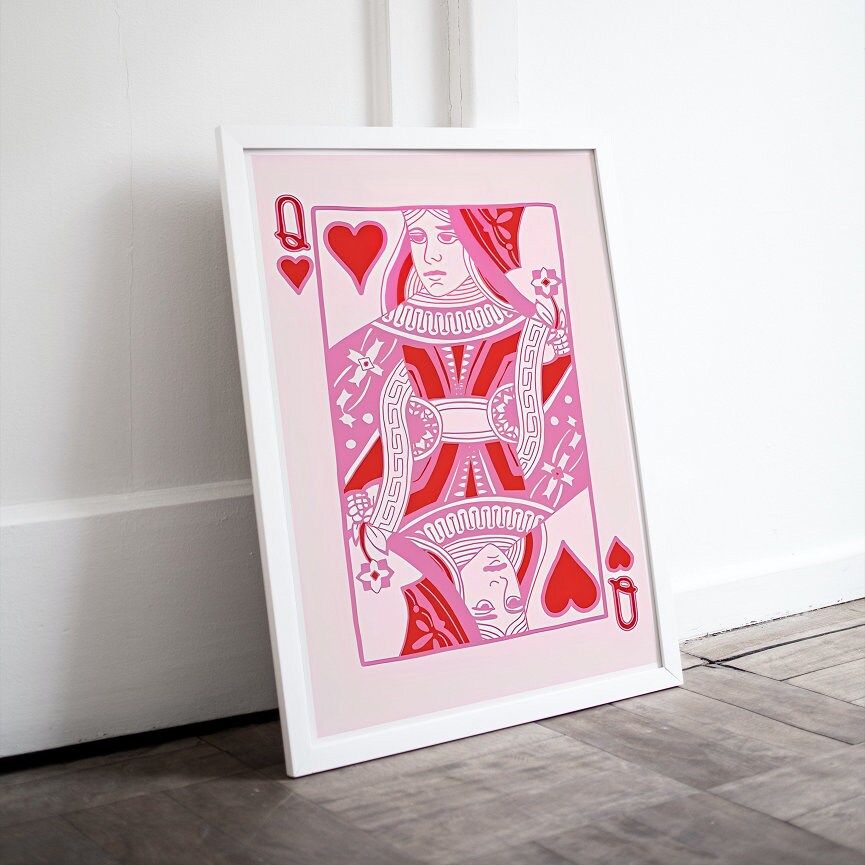 King & Queen of Hearts Posters INSTANT DOWNLOAD, Playing Card Poster, bar cart decor, couple wall art, preppy college dorm decor, light pink