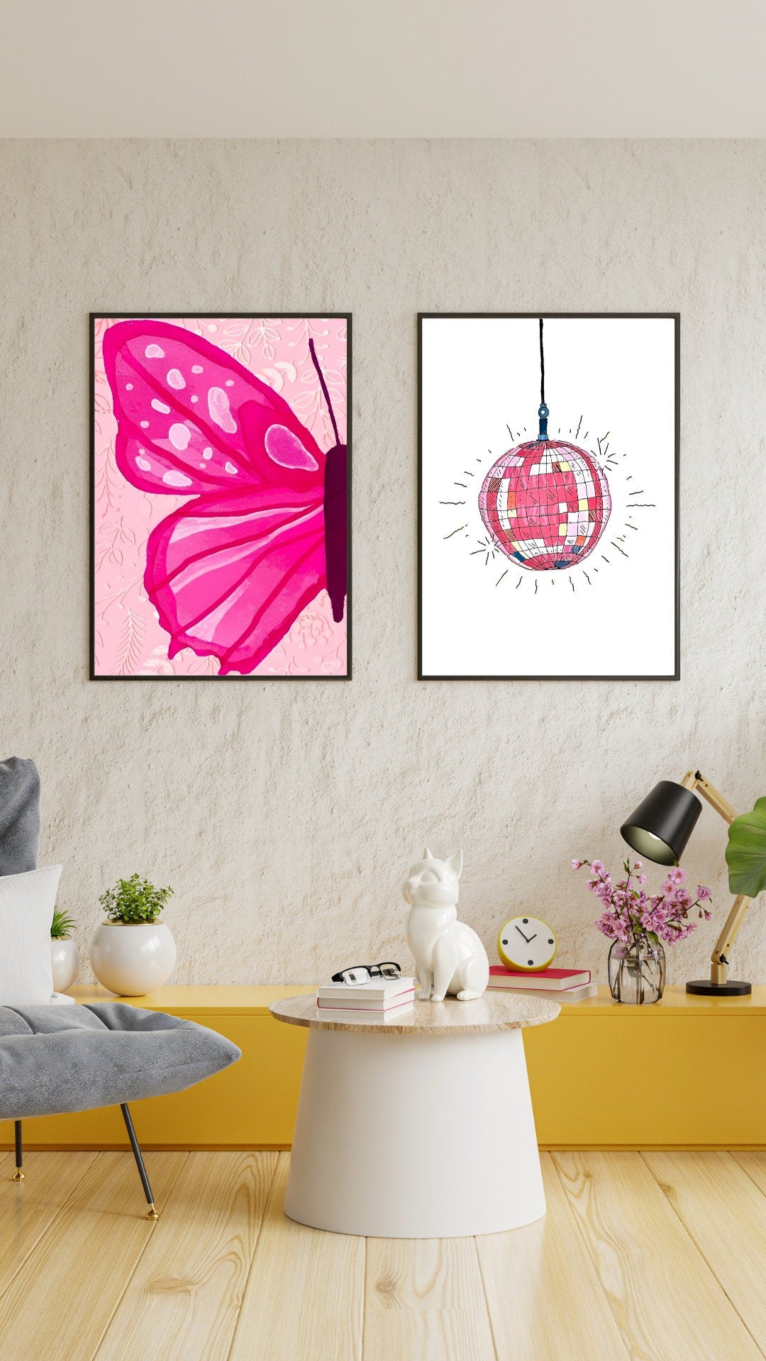 Disco Ball Butterfly Art Print set of 3 INSTANT DOWNLOAD, Hot pink wall art, dorm decor for college girls, Preppy Art Print, Preppy Wall Art