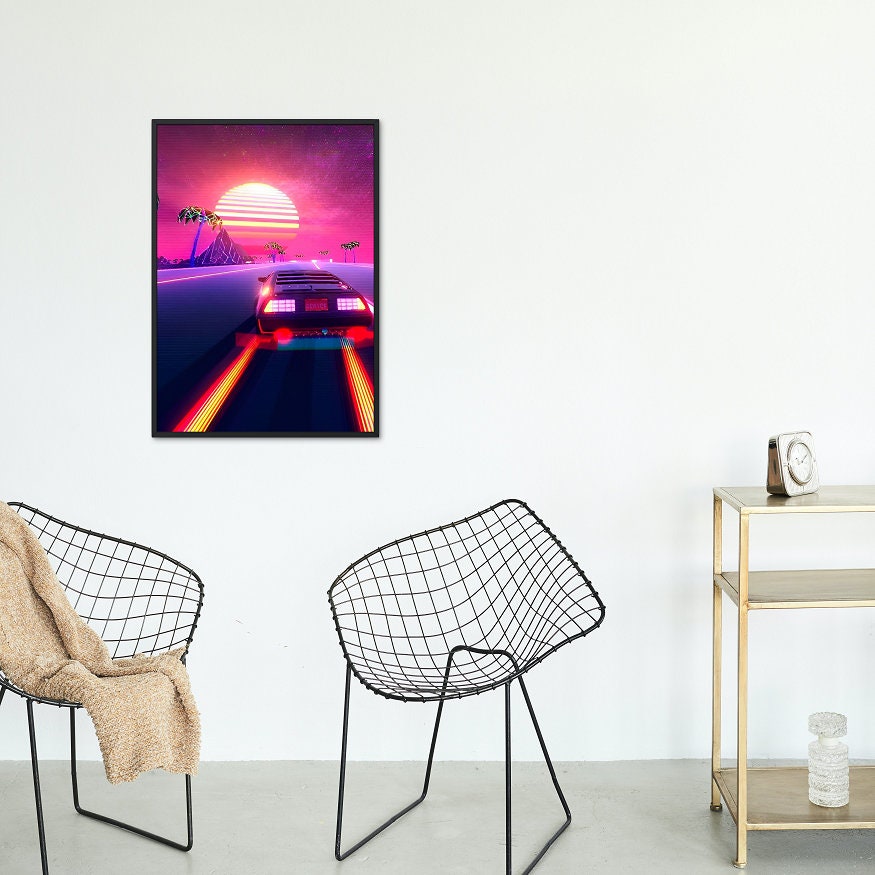 Set of 3 Neon Synthwave DIGITAL PRINTS, The Synth Wave Car Artwork, Nights in Venice, Eye-Catching Neon Sign Prints, Corvette Cyberpunk