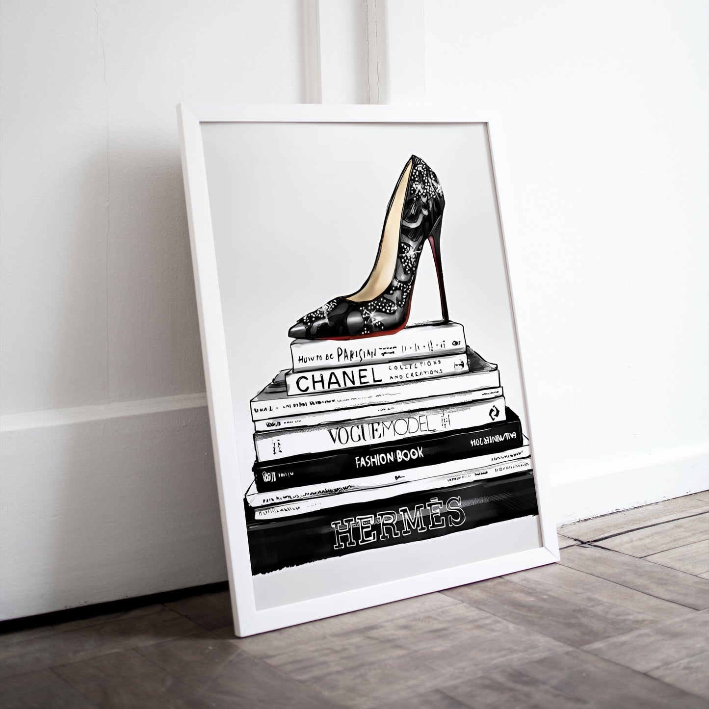 Black Bookstack With Black Heel Fashion Art PRINTABLE, Designer wall art, Luxury Fashion Poster, Glam Print, Fashion books, Designer Poster