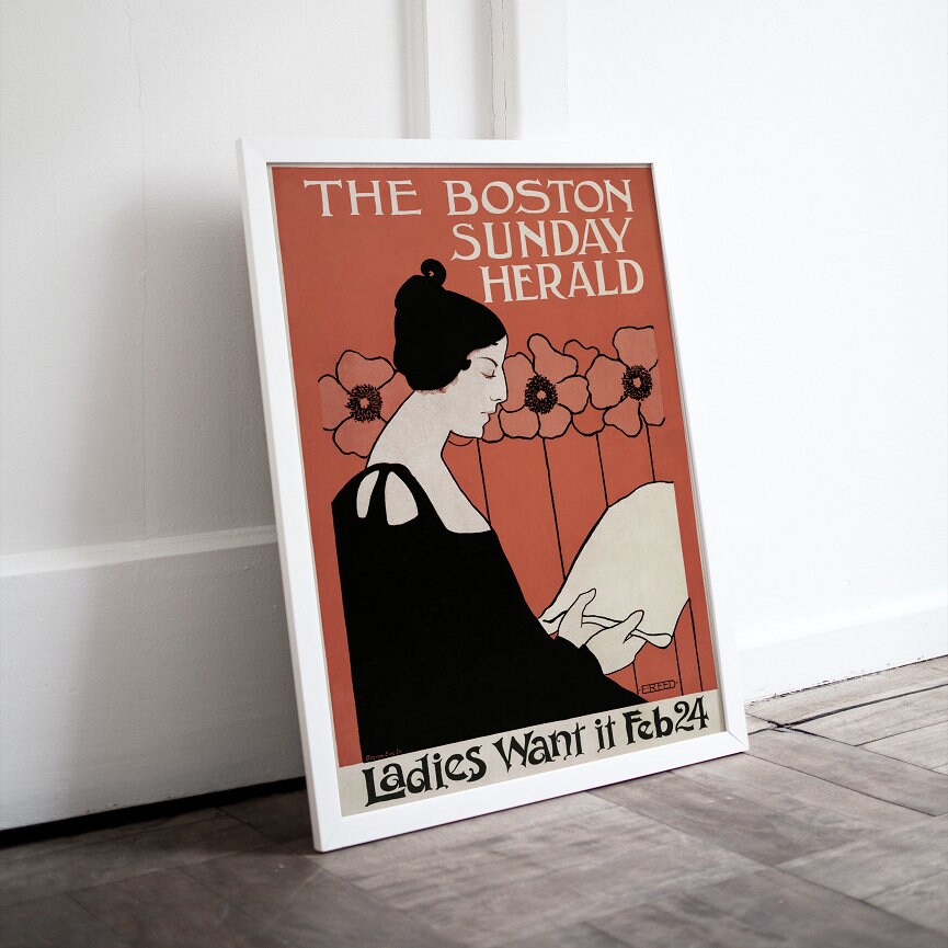 The Boston Sunday Herald Vintage poster print INSTANT DOWNLOAD, Woman Reading a Newspaper in Art Nouveau Style, The Reader Printable Artwork