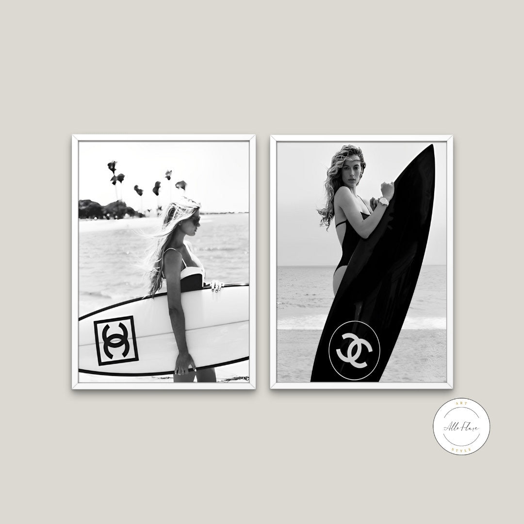 Set of 2 Surfer Girls Black and White Fashion Editorial PRINTABLE, Fashion posters, High fashion wall art, Black & white designer prints