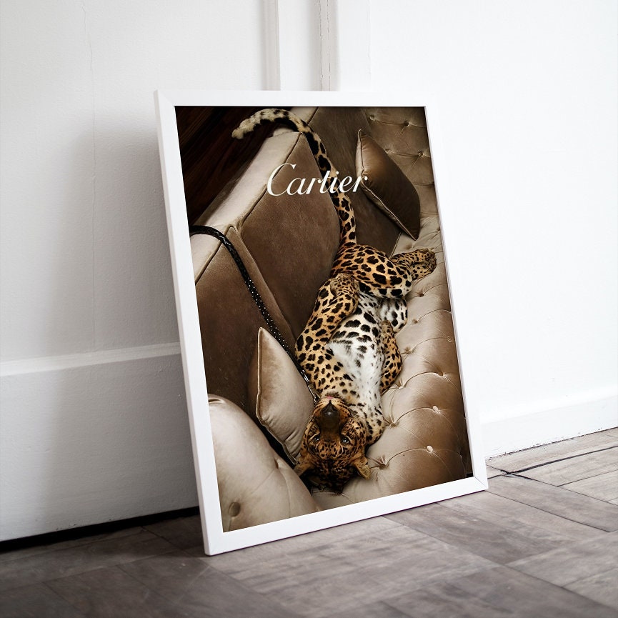 Leopard Luxury Designer Poster PRINTABLE, hypebeast poster, Cats in campaign, glam wall art, leopard print, Chic glam décor, beige wall art