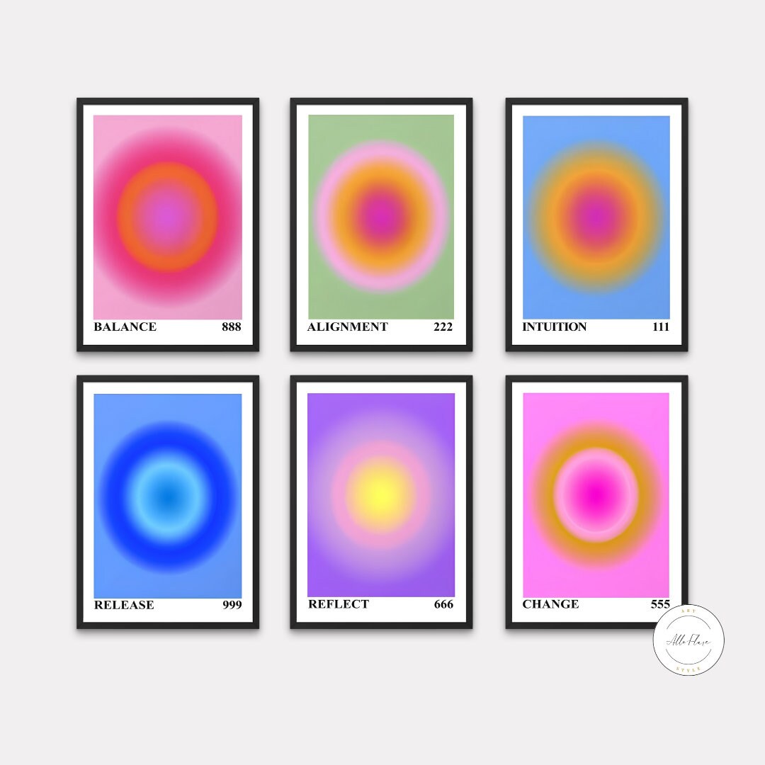 Angel Numbers Aura Posters Set of 6 INSTANT DOWNLOAD, 111 222 333 Poster Wall Art Print, Gradient aura, Angel energy, Colorful Trendy art