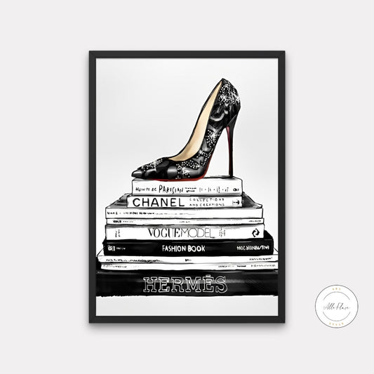 Black Bookstack With Black Heel Fashion Art PRINTABLE ART, Designer wall art, Luxury Fashion Poster, Glam Print, Fashion books, Designer Poster | Posters, Prints, & Visual Artwork | art for bedroom, art ideas for bedroom walls, art printables, bathroom wall art printables, bedroom art, bedroom pictures, bedroom wall art, bedroom wall art ideas, bedroom wall painting, bookstack print, buy digital art prints online, buy digital prints online, canvas wall art for living room, couture fashion wall art, cozy gla