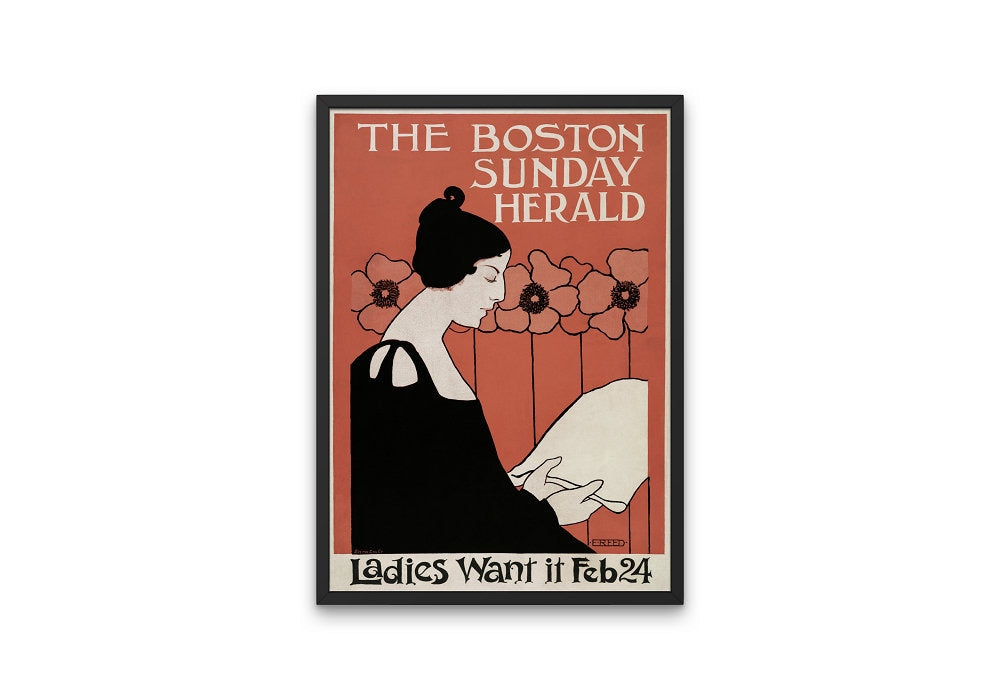 The Boston Sunday Herald Vintage poster print INSTANT DOWNLOAD, Woman Reading a Newspaper in Art Nouveau Style, The Reader Printable Artwork