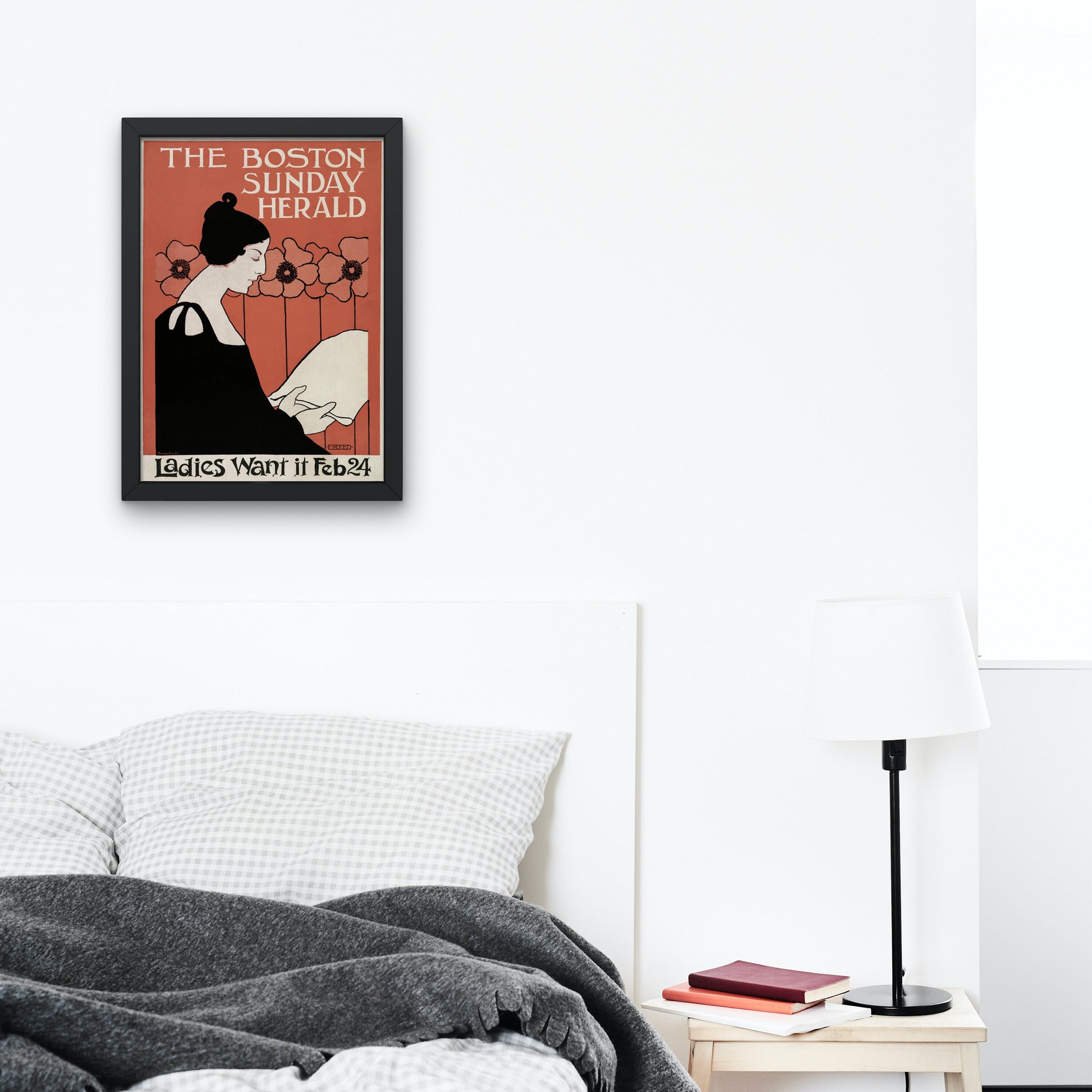 The Boston Sunday Herald Vintage poster print INSTANT DOWNLOAD, Woman Reading a Newspaper in Art Nouveau Style, The Reader Printable Artwork