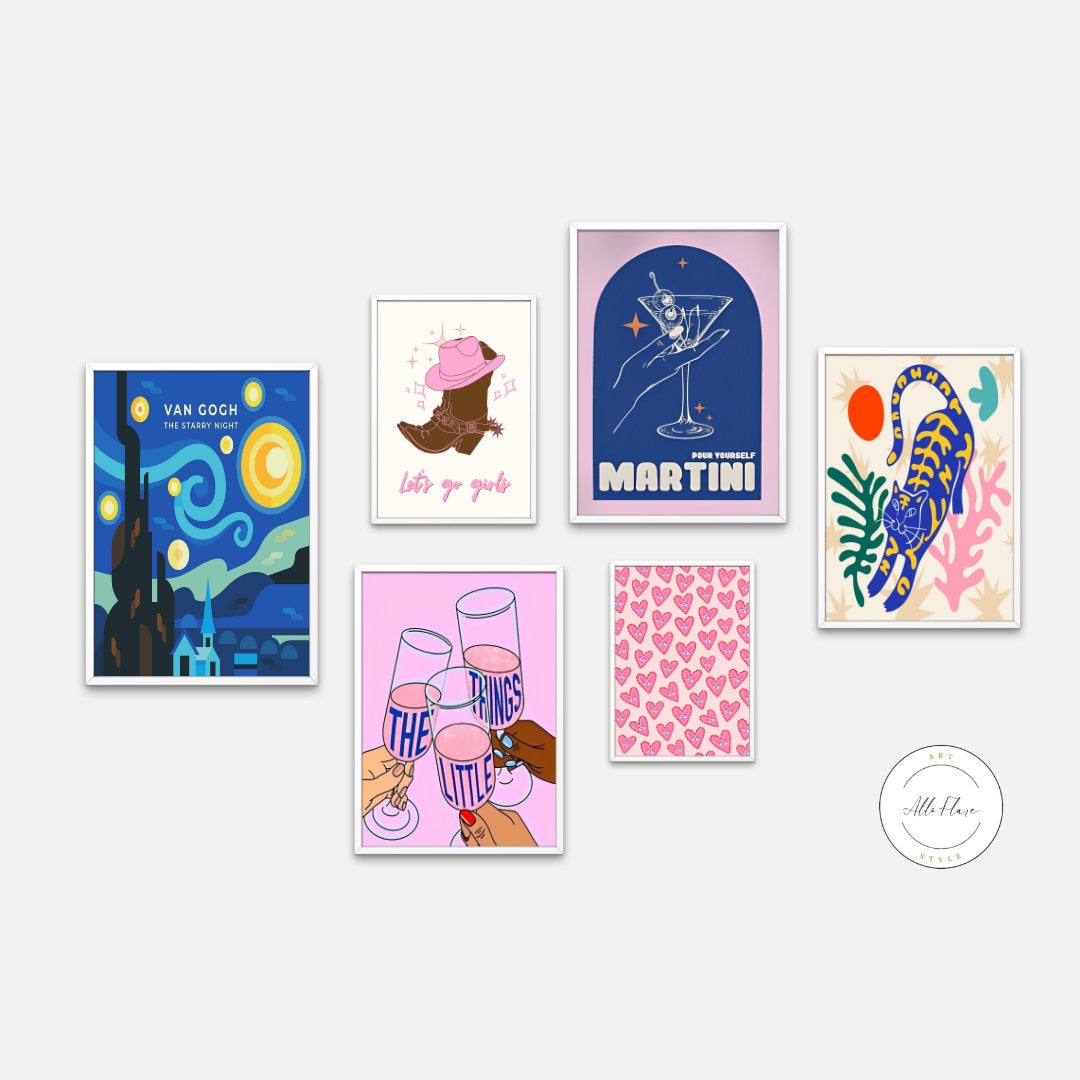 Preppy Aesthetic Gallery Wall Mix Set of 6 DIGITAL DOWNLOAD, Blue pink wall art, Hearts Cocktail Van Gogh Starry Night Cowgirl Matisse Print
