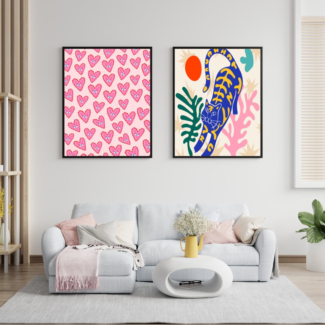 Preppy Aesthetic Gallery Wall Mix Set of 6 DIGITAL DOWNLOAD, Blue pink wall art, Hearts Cocktail Van Gogh Starry Night Cowgirl Matisse Print