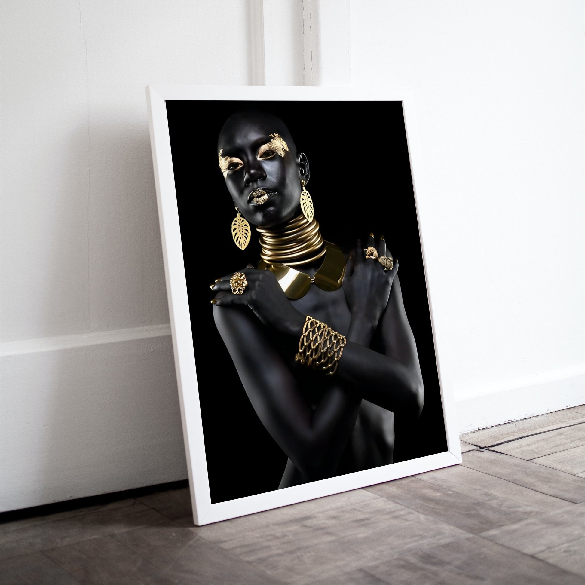 Woman in gold wall art PRINTABLE, Elegant black and golden portrait poster, Glam wall art, Beauty African woman, Golden makeup, Luxury art