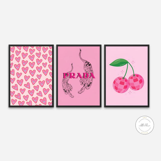 Pink Designer Preppy Wall Art Set of 3 DIGITAL ART PRINTS, Disco Ball Tiger Heart Art Print, Hot pink wall art, Dorm Preppy Art Print, Designer Wall Art | Posters, Prints, & Visual Artwork | 3 piece wall art, aesthetic preppy room decor, art for bedroom, art ideas for bedroom walls, art printables, bathroom wall art printables, bedroom art, bedroom pictures, bedroom wall art, bedroom wall art ideas, bedroom wall painting, buy digital art prints online, buy digital prints online, canvas wall art for living r