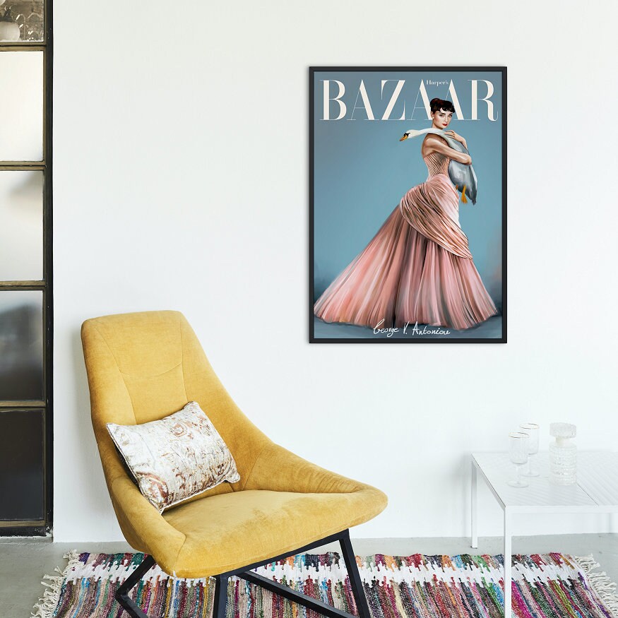 Vintage Bazaar Cover PRINTABLE, Audrey Hepburn Swam, Vintage Magazine Cover, Glamour Art, Fashion Wall Art, Retro Magazine Posters, Pastel