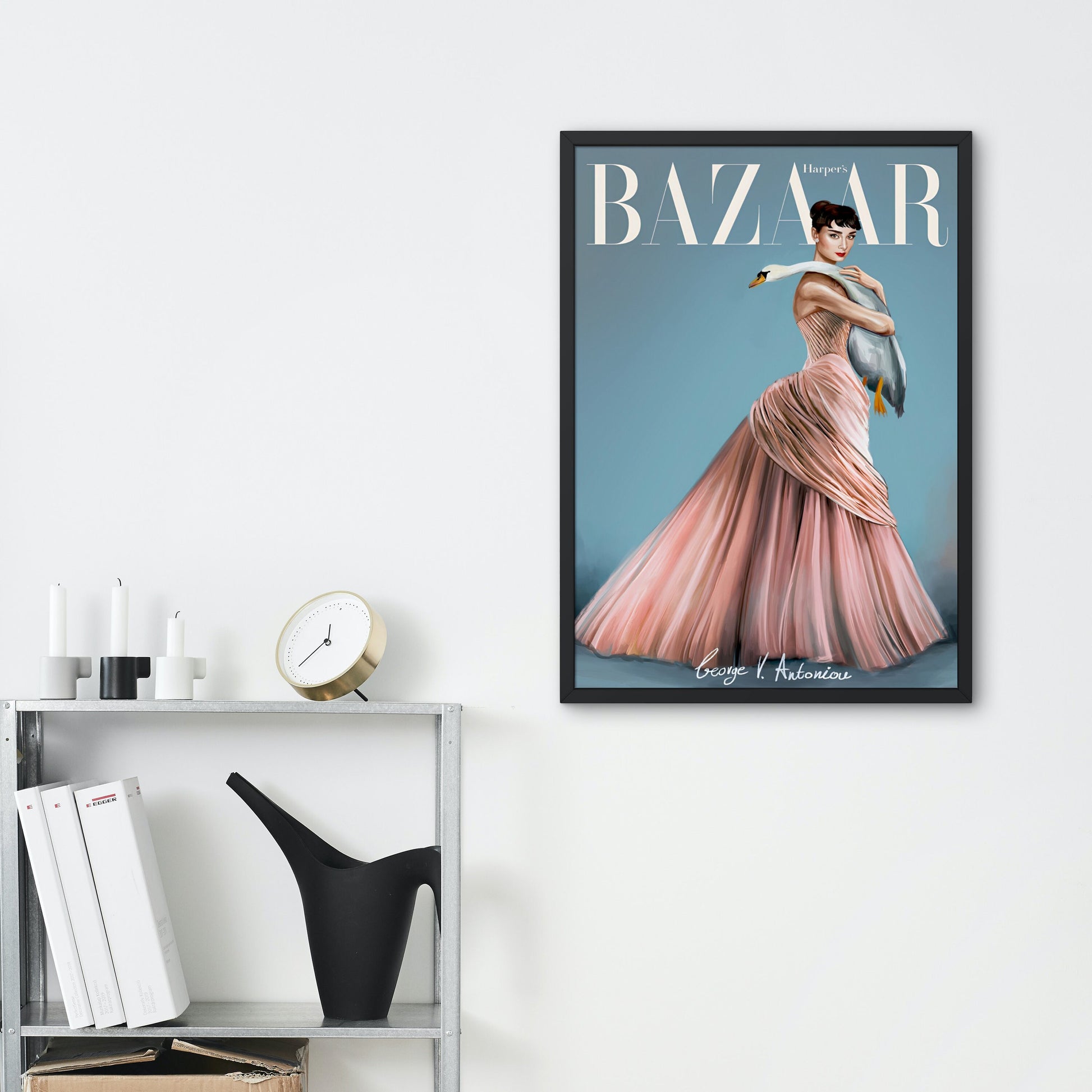 Vintage Bazaar Cover PRINTABLE, Audrey Hepburn Swam, Vintage Magazine Cover, Glamour Art, Fashion Wall Art, Retro Magazine Posters, Pastel