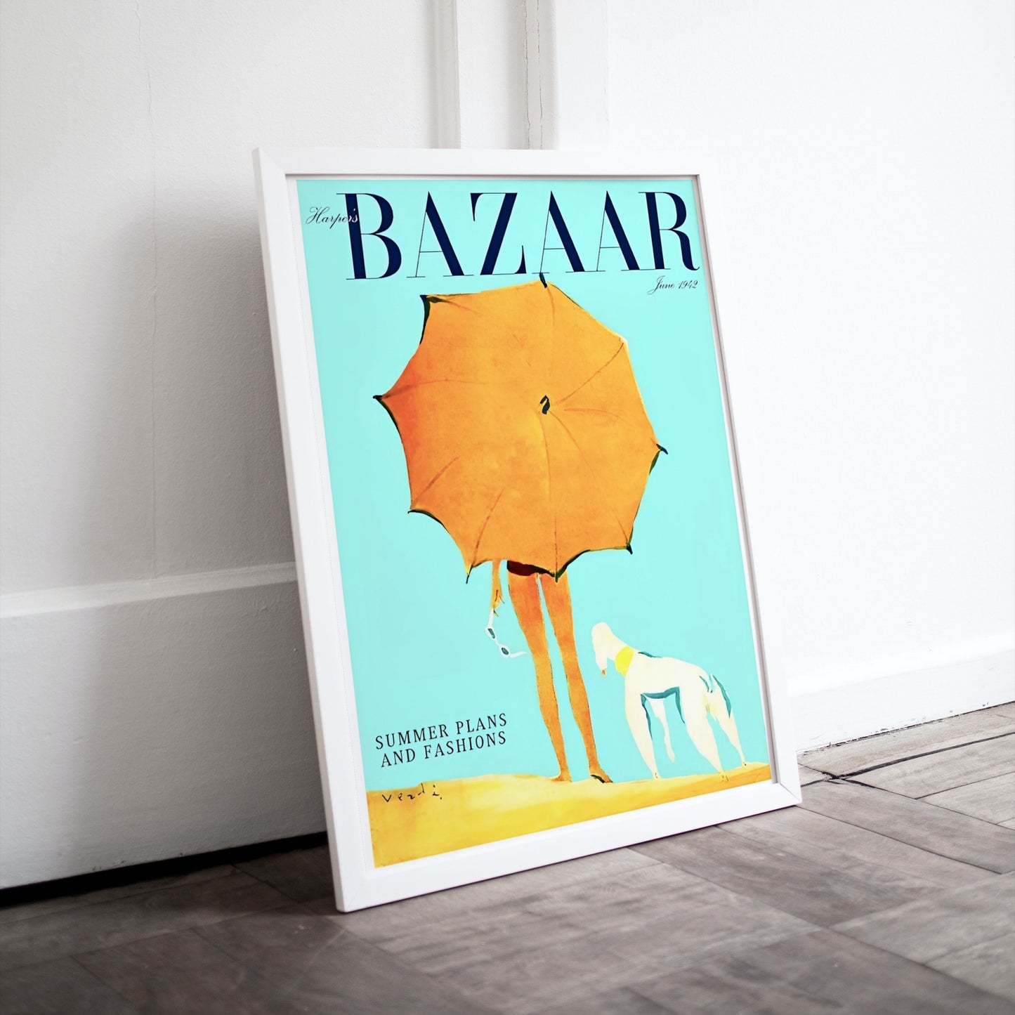 Summer seaside Vintage Bazaar Cover June 1942 PRINTABLE, Vintage Magazine Cover, Yellow Umbrella Dog, Fashion poster, Retro Magazine Posters