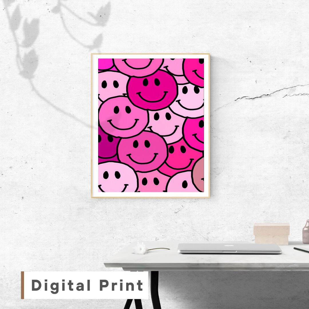 Smiley Face PRINTABLE, Hot Pink Wall Art, Preppy Wall Art, Preppy decor, Trendy Digital Prints, Academia aesthetic, Preppy Room, Happy print