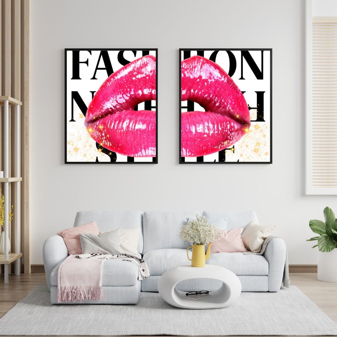 Fashion Style Lip Print Set of 2 INSTANT DOWNLOAD, Fashion posters printable, Fashion gifts for her, glam wall art, Lip wall art, Glam décor