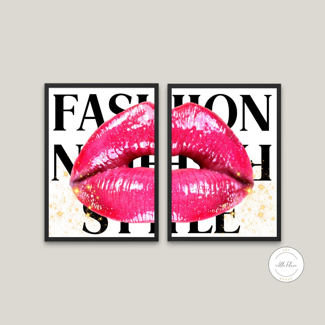 Fashion Style Lip Print Set of 2 INSTANT DOWNLOAD, Fashion posters printable, Fashion gifts for her, glam wall art, Lip wall art, Glam décor