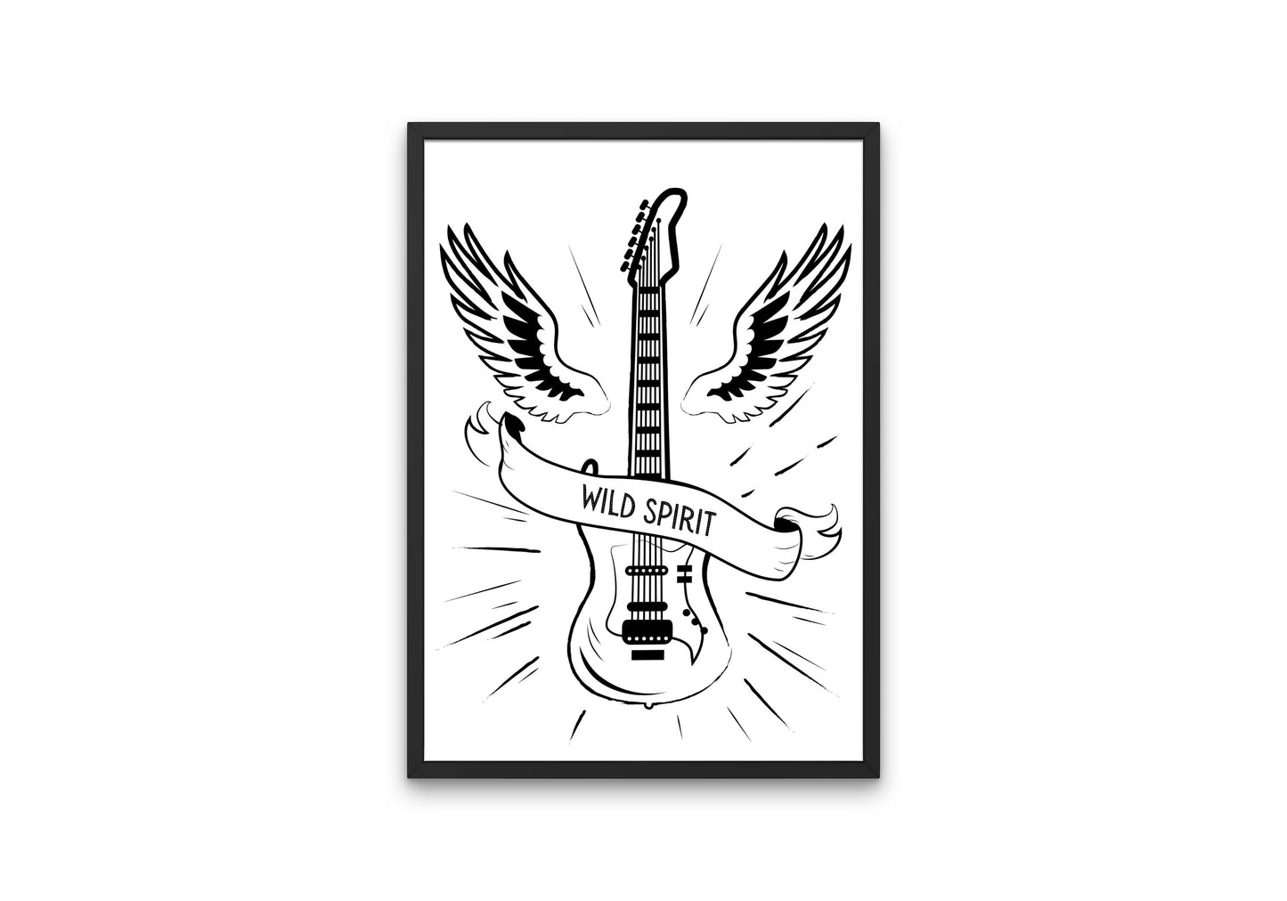 Wild Spirit Black & White Poster INSTANT DOWNLOAD, Musician Gift, Rock Poster, Punk rock art, music themed décor, Free Spirit Poster, Guitar