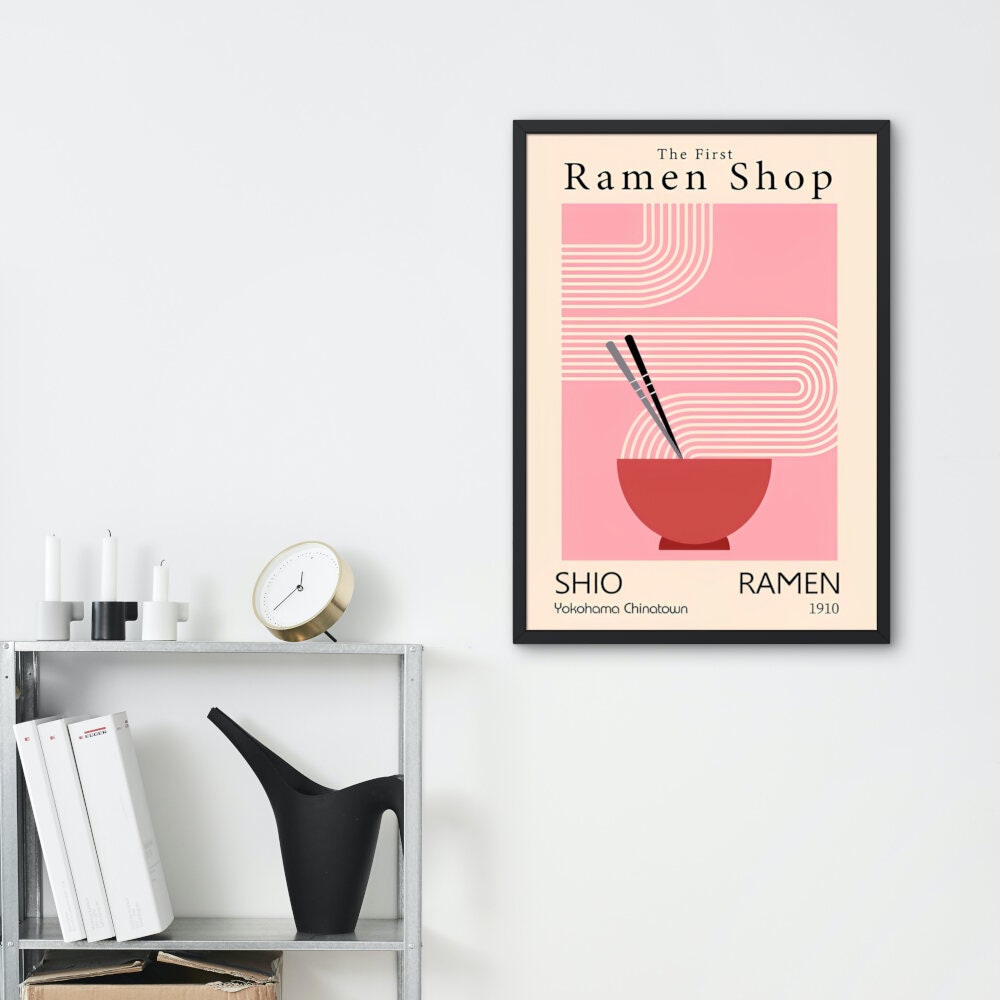 Retro Japanese Ramen Art PRINTABLE, Japanese Food Posters for Wall, Abstract Aesthetic, Vintage Boho Line Art Print, Pink Ramen Picture