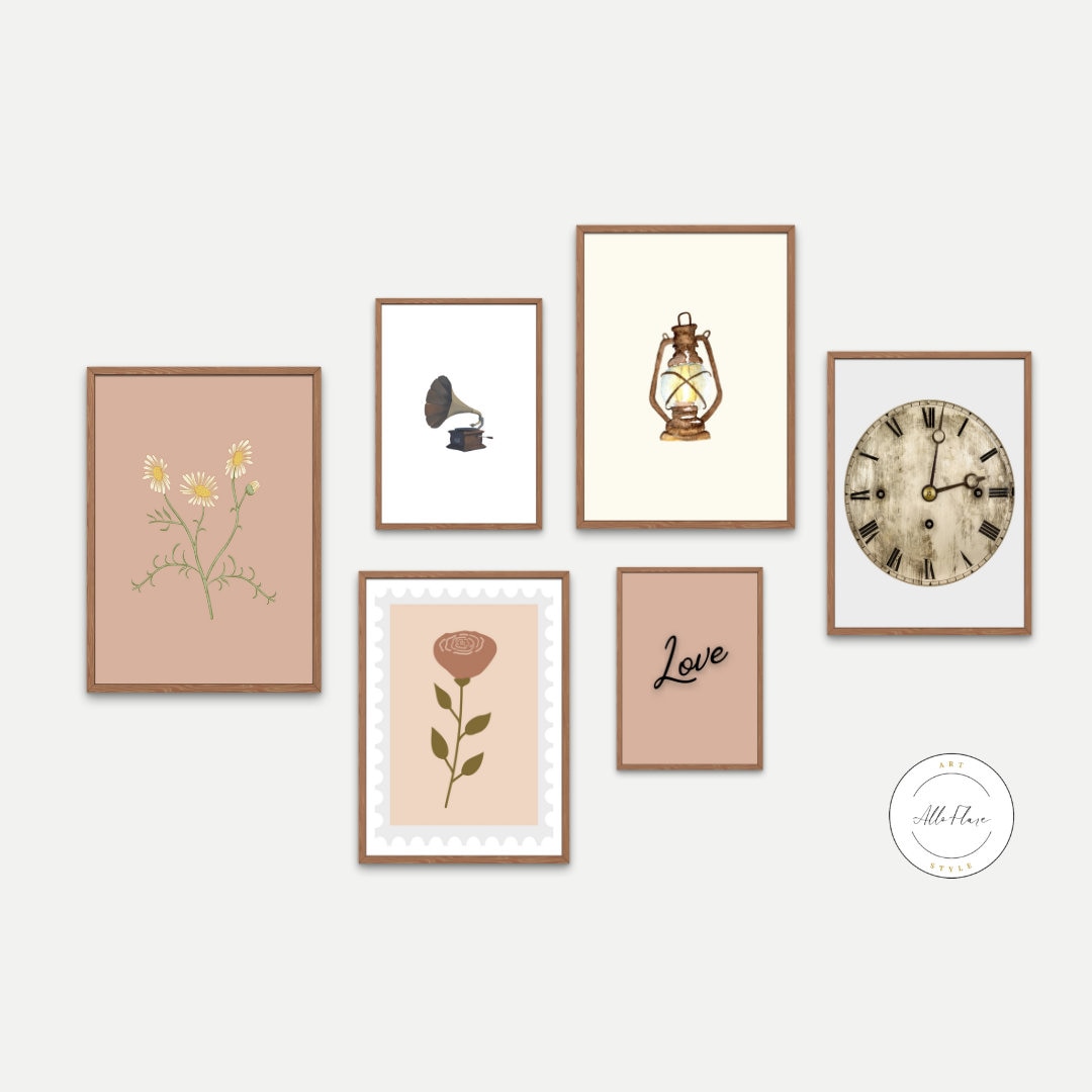 Light academia décor set of 6 DIGITAL PRINTS, Vintage gallery wall kit, Botanical Minimalistic wall gallery, country décor, Neutral Antique