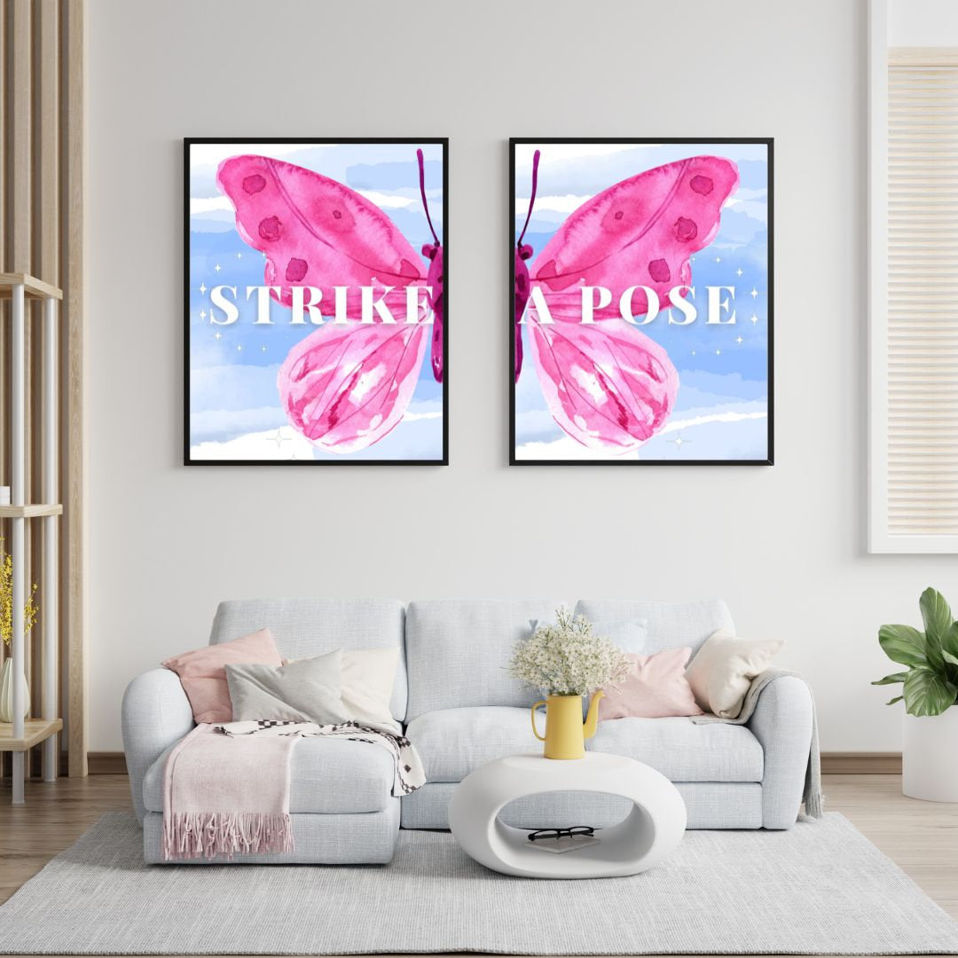Strike a Pose Split Butterfly Print set of 2 INSTANT DOWNLOAD, Fashion wall art, Pink Preppy Dorm Decor, Preppy Art Print, Preppy Wall Art