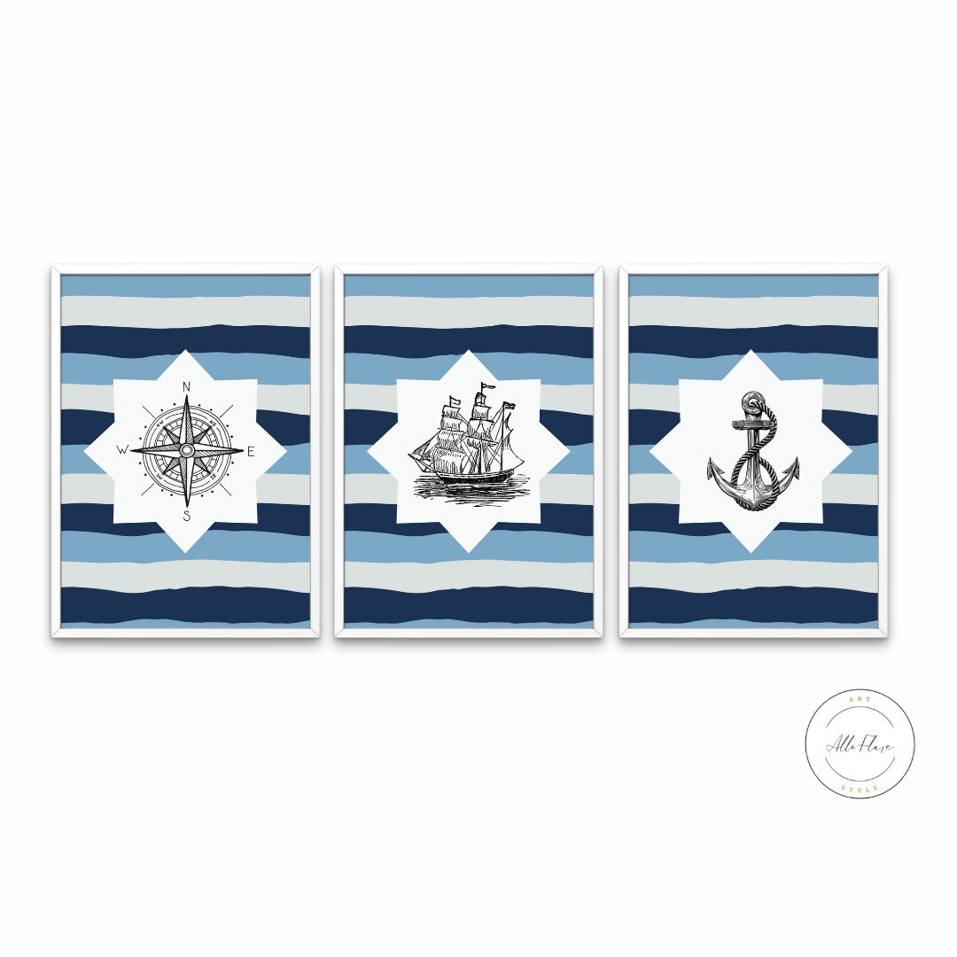 Nautical Artwork Set of 3 DIGITAL PRINTS, Coastal Poster Print, Nautical Wall Art, Beach house décor, Coastal decor, Navy Blue Seaside Print