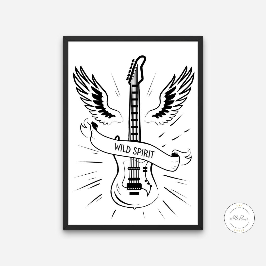 Wild Spirit Black & White Poster DIGITAL DOWNLOAD ART PRINTS, Musician Gift, Rock Poster, Punk rock art, music themed décor, Free Spirit Poster, Guitar | Posters, Prints, & Visual Artwork | art for bedroom, art ideas for bedroom walls, art printables, art prints black and white, band poster, bathroom wall art printables, bedroom art, bedroom pictures, bedroom wall art, bedroom wall art ideas, bedroom wall painting, black and white art print, black and white art prints, black and white art wall, black and wh