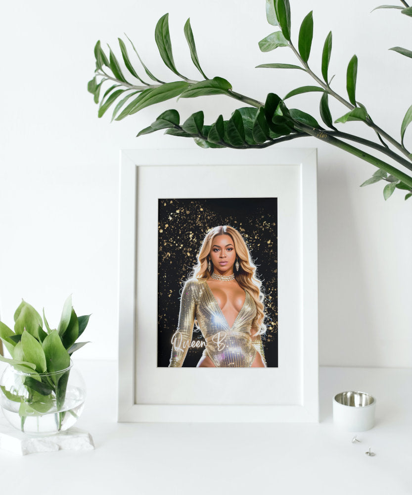 Queen B Beyonce Poster INSTANT DOWNLOAD, Hypebeast poster, Pop culture wall art, Hip hop lifestyle, Glam Decor, Black & Gold print, Bey Hive