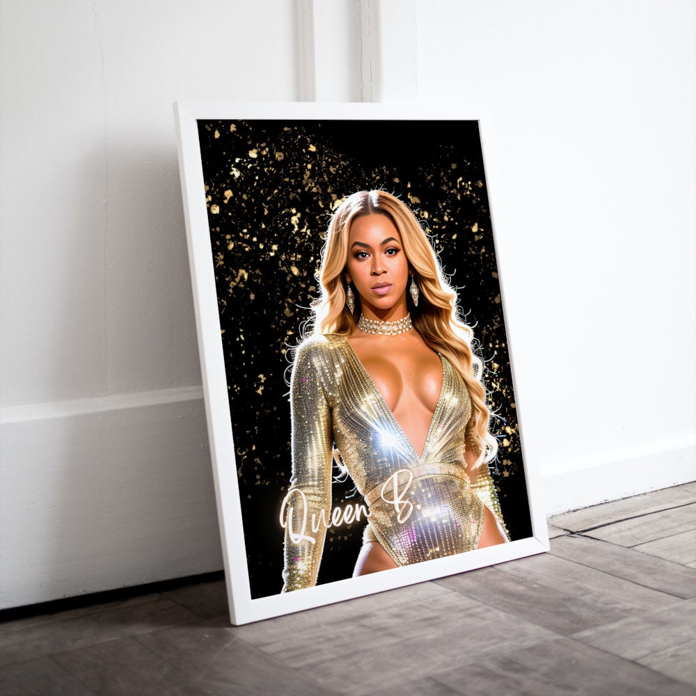 Queen B Beyonce Poster INSTANT DOWNLOAD, Hypebeast poster, Pop culture wall art, Hip hop lifestyle, Glam Decor, Black & Gold print, Bey Hive